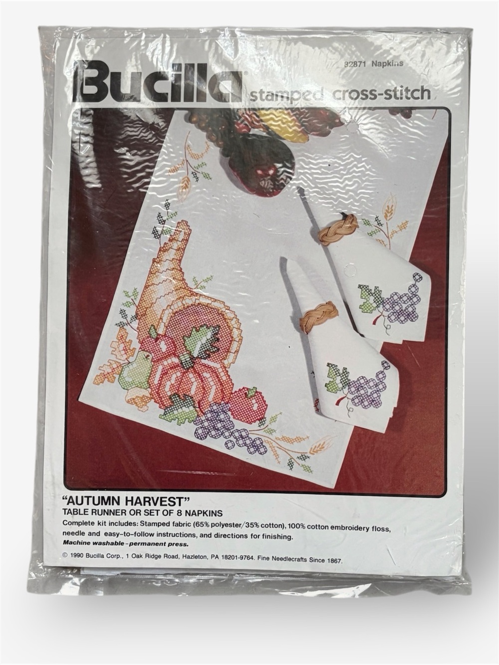VTG 1990 Bucilla Autumn Harvest Cross Stitch Kit 8 Napkins Thanksgiving Fall